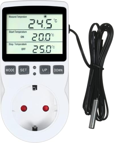 Termostato Digital, Weytoll Termostato LCD Enchufe de Salida Control de Enfriamiento de Calefacción para Terrario Acuario Reptiles Toma de Salida con Control de Temperatura con Temporizador y Sonda