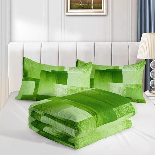 Image of Kids Comforter Set Green Color Block Printed Pattern Bedding Set with 1 Comforter and 2 Pillowcases for Girls Boys Bedroom All Season(Green Block Twin)