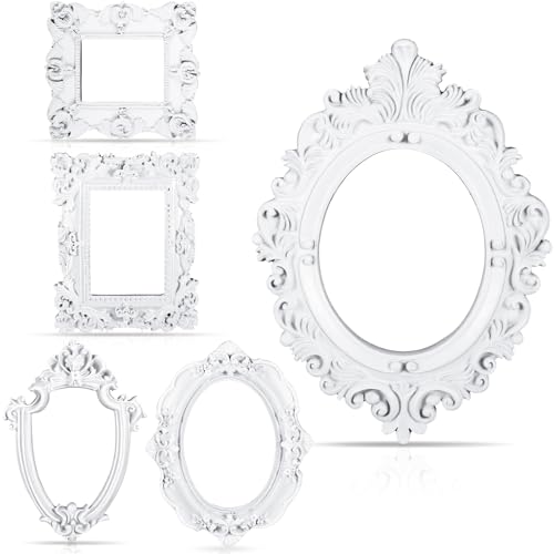 Yalikop 5 Pcs Vintage Mini Picture Frames Small Antique Resin Photo Frame Wall Hanging for DIY Jewelry Display Photography Christmas Photo Holiday Party Decoration (White)