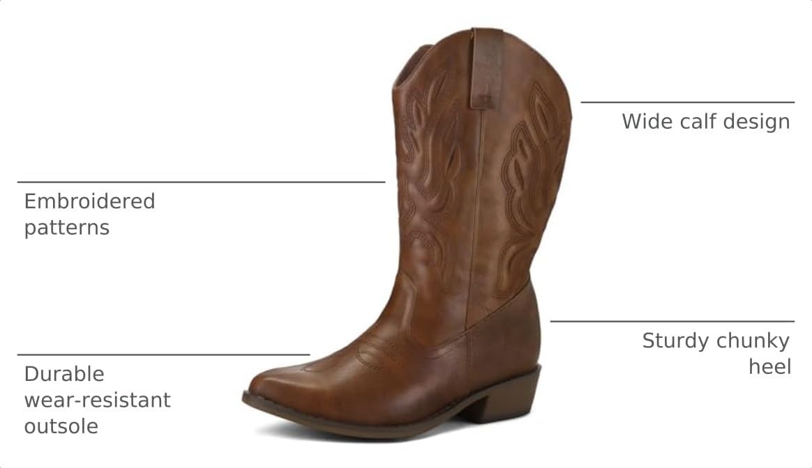 mysoft Women's Wide Calf Cowboy Boots Pull-On Mid-Calf Embroidered Pointed Toe Retro Western Boots