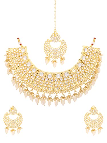 Image of Yellow Chimes Jewellery Set for Women Kundan Studded Beads Drop Choker Necklace Set with Earrings for Women and Girls