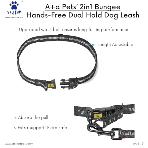 Image of A+a Pets' 2in1 Bungee Hands-Free Dual Hold Dog Leash | Waist Body Elastic Leash for Running | Adjustable Lightweight Nylon Waterproof Multi-Function Belt Lead (Black)