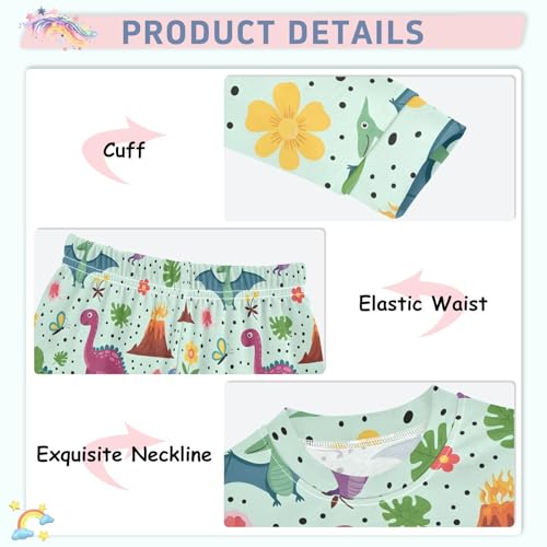 Pajama Sets Long Sleeve Dinosaurs Flowers Butterflies on Green Soft Comfy Sleepwear 2 Piece PJS 3-8T4