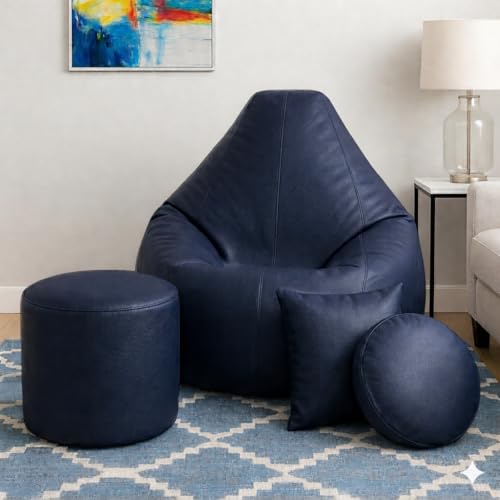 Image of XXL Bean Bag Cover, Teardrop Shape, Faux Leather, with Footstool and Cushions, 106x87x65 cm, Adult (Navy, XXL, Solid)