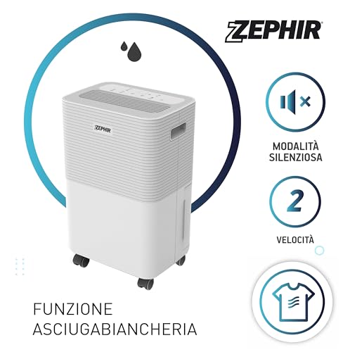 Zephir, Deumidificatore Da 12 Litri, 280W, Serbatoio D'acqua 2 Litri, Timer 24 Ore, Funzione Asciugabiancheria, Con Ruote, Colore Bianco - 5