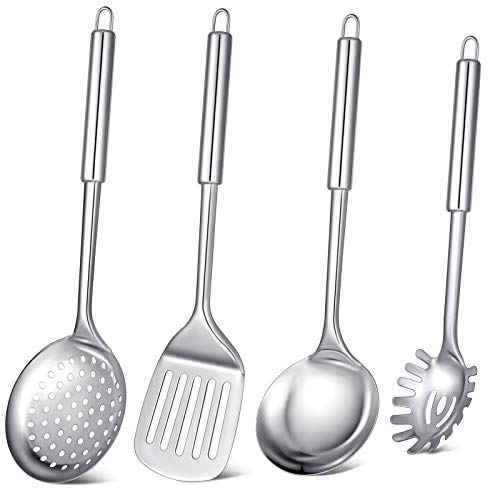 4 Pieces Kitchen Utensil Set Stainless Steel Cooking Utensil Set Non-Stick Cooking Tool Including Skimmer Slotted Spatula Soup Ladle Spaghetti Server Cookware Set for Household Restaurant Dining Store