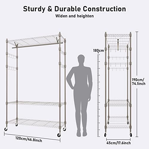 Heavy Duty Clothes Rack, Adjustable Rolling Garment Rack with Shelves, Freestanding Wardrobe Rack 1 Clothes Hanging Bar, 3 tired Wire Shelving, 4 Hanger Hooks - Hold Up to 400Lbs (Gray, 1Rod 4Hook)