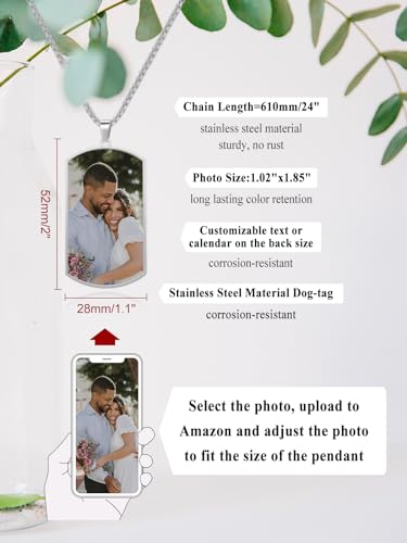 PiercingJak Personalisierte Dog Tag Halskette Foto Text Beidseitig Gravur Edelstahl Hundemarke Anhänger mit 24'' Kette Memorial Schmuck Liebe Freundschaft Geschenke für Damen Herren
