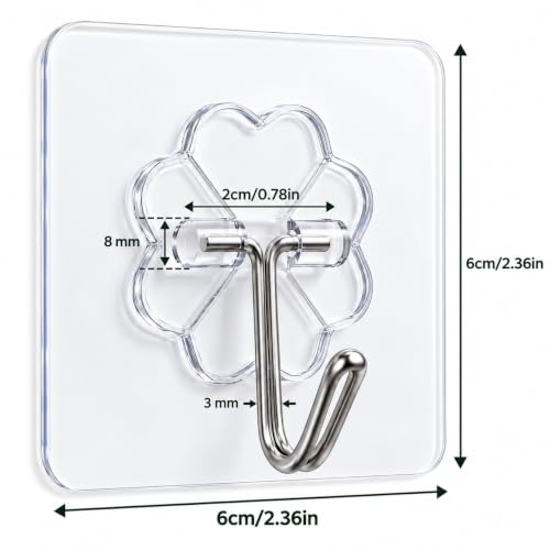 Image of Transparent Adhesive Wall Hooks with 180 Degree Rotatable Stainless Steel Hook, Flower Design Self Stick Wall Hanger for Kitchen Bathroom Home and Office, Pack of 20