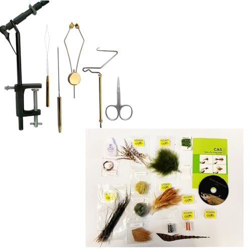 6pcs Fly Tying Tools Combo Kit, Fly Tying Vise Bobbin Holder Threader Needle Whip Finisher Scissors, Fishmen Gift & Fly-Tying Material KIT for Tying 6 Basic Flies with DVD
