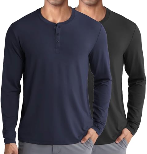 COOFANDY Camiseta Henley de Manga Larga para Hombre Jerséis Térmicos de Punto Camisetas sin Cuello Camisetas Lisas Tipo Abuelo Suéter Básico y Ligero para Hombre Negro & Azul Marino XL