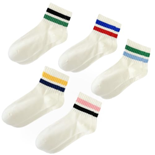 Image of Crew Socks for Womens Cushioned Cotton Striped Quarter Vintage Retro Running Sock 5 Pack C