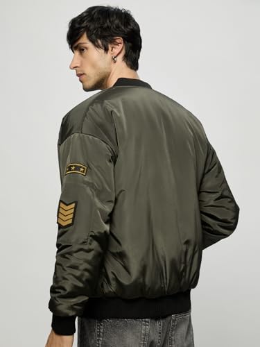 Image of The Souled Store Bomber Jacket: Souled Army Men and Boys Long Sleeves Band Collar Zipper Front Olive Embroidered Polyester Oversized Puffer Jackets