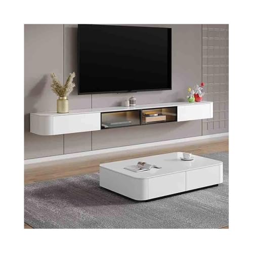 lskdnrufh Mueble de TV flotante con luces LED, armario de TV montado en la pared con puerta de cristal abatible, consola de medios blanca para el salón (180 cm)