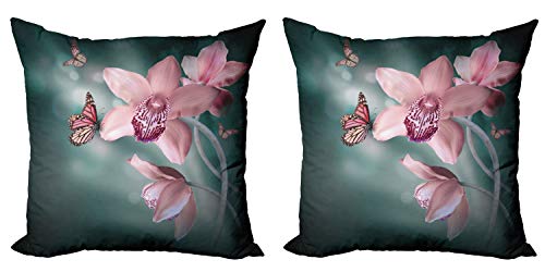 ABAKUHAUS Floral Set de 2 Fundas para Cojín, Mariposa de la Flor de la orquídea, con Estampado en Ambos Lados con Cremallera, 45 cm x 45 cm, Rosa bebé y Jade Verde Cover