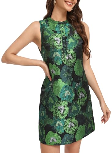 Ladyful Sleeveless Dress for Women Floral Jacquard Shift Dress Elegant Button Up Crewneck Tank Summer Mini Dresses