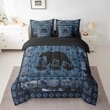 Picture of Feelyou Bear Bedding Set Queen Size Wild Animal Comforter Set with Sheets 7 Piece for Boys Girls Children Rustic Cabin Country Bed in a Bag Room Decor Bear Footprint Blue Bed Set
