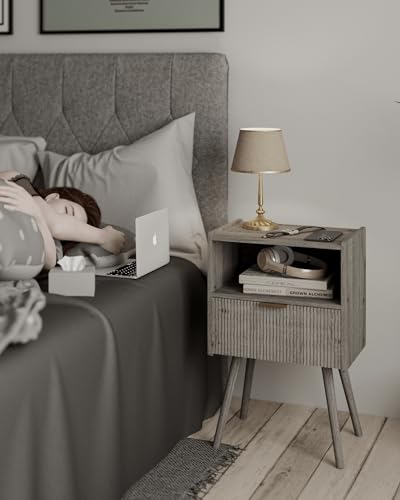 Image of Nightstand,Modern Bedside Table with Storage Drawer and Open Wood Shelf, for Living Room, Bedroom and Small Spaces, Accent Night Stand with Solid Wood Legs, Easy Assembly,Grey Oak