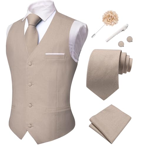 Hi-Tie - Hi-Tie Tan Linen Suit Vest for Men - 7PCS Formal Vintage Business Wedding Waistcoat Set with Accessories (6% Off Amazon Deal)