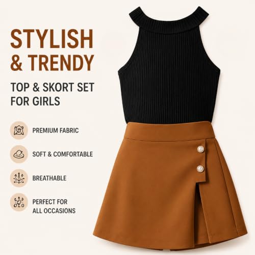 Image of RIYANSHI Girls Halter Neck Ribbed Top with A-line Skirt Set | Cotton Blend, 2 Piece Outfit, Button Detail, Ages 1-10 Years, Casual Wear