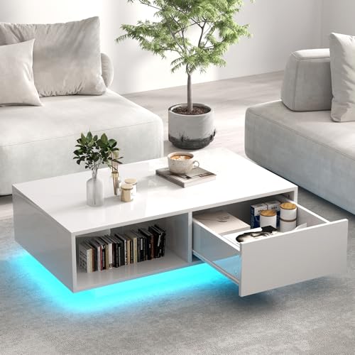 LIFEZEAL Table Basse LED 20 Couleurs, Table de Salon Blanche avec 1 Grand Tiroir et Compartiment, Télécommande et Prise USB, Table Basse Rectangulaire en...