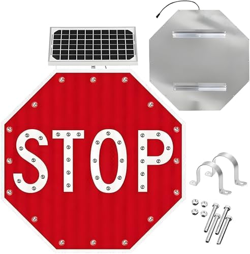 Solar-Powered LED Stop Sign - Reflective Octagon Traffic Sign with Flashing Lights for Maximum Road Safety & Visibility - Perfect for Streets, Highways & Construction Zones，60 * 60