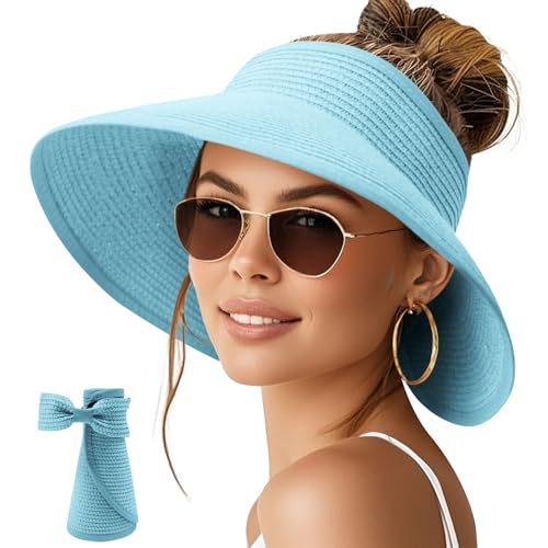 Image of NPQQUAN Sun Visor Hats for Women Wide Brim Ponytail Straw Beach Hat Packable Foldable UPF 50+ Floppy Travel Hats