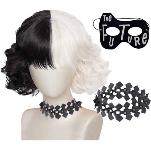 Halloween Mitad Negra Mitad Blanca Cosplay Peluca Corta, Peluca Corta en Blanco y Negro, Peluca Blanca y Negra, Peluca Disfraz Cosplay, Para Carnaval Halloween Y Fiesta Disfraces