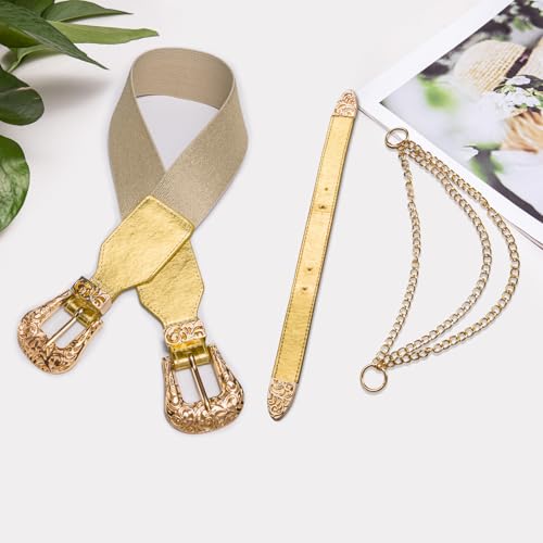 Image of Dubulle Womens Belt Chain Leather Belts Vintage Western Adjustable Elastic Double Buckle for Cowboy Pant Dress