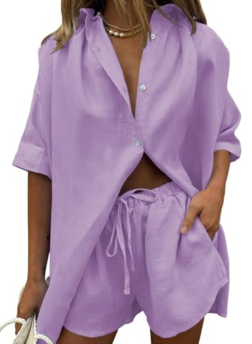 Image of Fixmatti Women 2 Piece Outfits Long Sleeve Button Down Blouse and Shorts Sweatsuit Sets