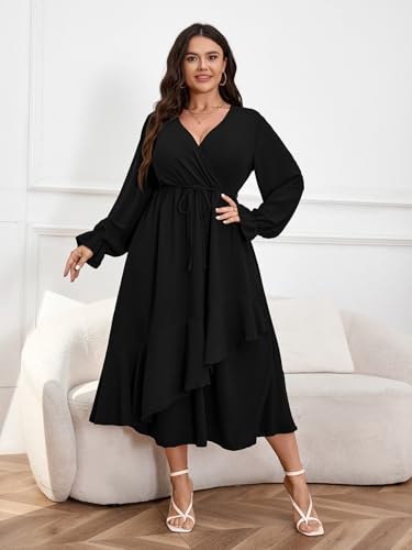 Womens Plus Size Wedding Guest Cocktail Maxi Dress Wrap V Neck Long Sleeve Ruffle Hem Split Long Dress2
