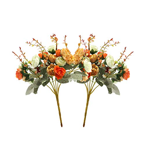 Realjoy 21 Heads Diamond Small Rose Artificial Flowers Artificial Rose Flower Bouquets for Home Wedding Party Decoration 2Pcs (Autumn Diamond Orange)