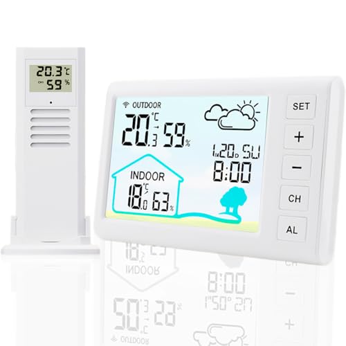Wetterstation Funk mit Außensensor Funkwetterstationen - Digital Funkuhr Thermometer Innen und Außen, Raumthermometer, Hygrometer, Wettervorhersage, Uhrzeitanzeige, Wecker Wetterstation Funk mit Außensensor Funkwetterstationen - Digital Funkuhr Thermometer Innen und Außen, Raumthermometer, Hygrometer, Wettervorhersage, Uhrzeitanzeige, Wecker
