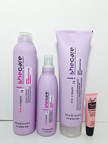 Inebrya Shecare Phase 1 Basic Reconstructor Shampoo 10.14 Oz, Phase 2 Deep Reconstructor Mask 10.14 Oz and Phase 3 Instant Reconstructor Spray 5.07 Oz -- Free Starry Lip Plumping Gloss Tube 10ml