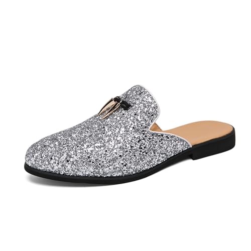 Men's Rhinestone Slip-On Leather Lined Smoking Mules Slippers Flats with Buckle Sparkling Round Toe Comfortable Backless Half Loafers for Casual Formal Party Events Wedding