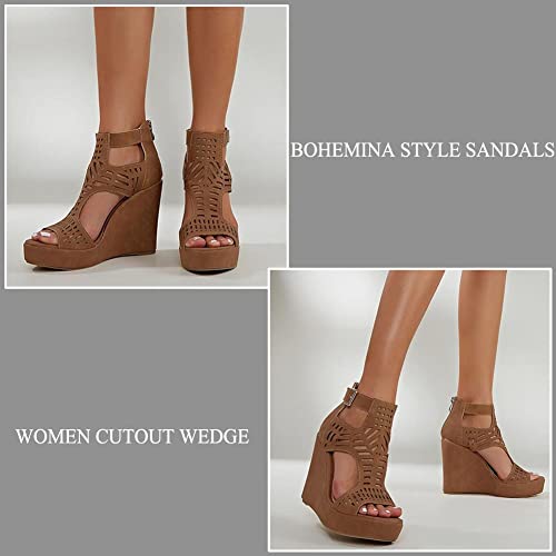 AOSPHIRAYLIAN Wedge Sandals for Women Open Toe Cutout Platform Bohemian Sandals High Heel Buckle Ankle Strap Comfy Summer Sandals3