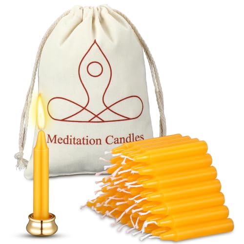 Threlaco 52 Pcs Mindful Meditation Candle Set, 50 Meditation Candles Mini Taper Candles Yellow Candle for Meditation with Brass Taper Candle Holder Canvas Bag Serenity Prayer Gifts for Yoga Relaxation