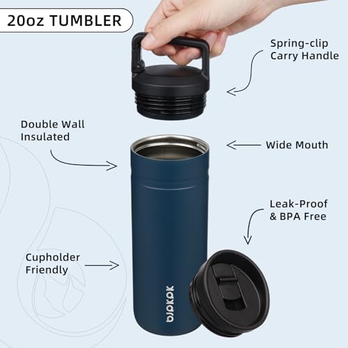 Image of BJPKPK 20 oz Insulated Travel Water Bottle, Coffee Tumbler Stainless Steel | Double Wall Vacuum, Leakproof, Thermal, Keeps Hot /Cold, Dishwasher Safe, Spill Proof, Wide Mouth, 2 Lids, Navy Blue