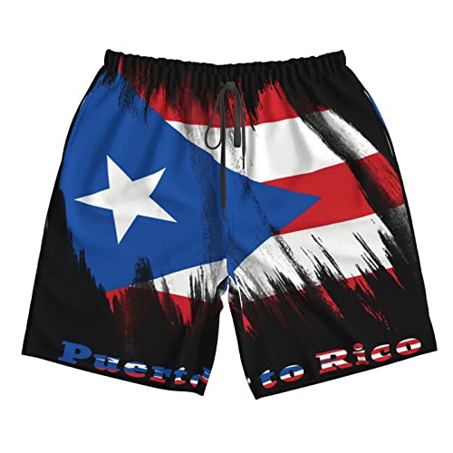 Puerto Rico Flag Puerto Rican Men's Beach Shorts Quick Dry Drawstring Running Athletic Shorts Comfortable Loose Gym Shorts Swimsuit Pants with Pockets for Summer Large White