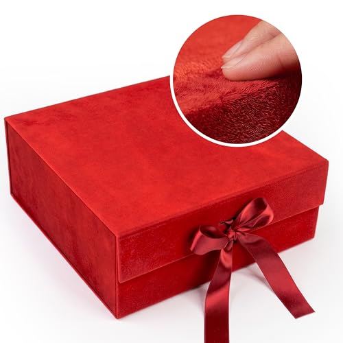 Image of RBS-Medium Red Gift Box Empty 26x26x10cm Premium Velvet Material Gift Packing Box with Ribbon (1 Pack) Holds Upto 8 kg Ideal for Gift Hamper Boxes for Empty and All Occasions Giff Boxes (Red Velvet)