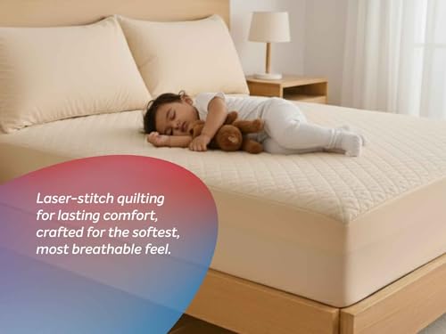Image of Sleepwell Luxe Shield Mattress Protector | Ultrasonic Micro Peach Fabric |100% Waterproof Protection | Ultra Soft | Laser Stitch Quilting | Breathable & Moisture Wicking | Hypoallergenic | 72 x 72