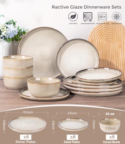 Image of GBHOME Dinnerware Sets for 8, 24 Pieces Ceramic Plates and Bowls Set | Scratch Resistant Stoneware Dishes Set, Dishwasher & Microwave Safe, Reactive Glaze-Almond Cream