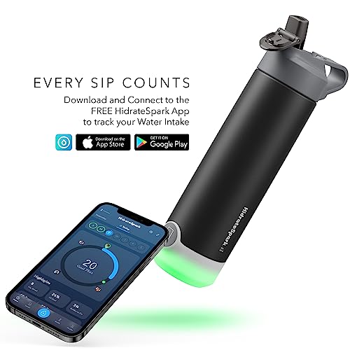 Hidrate Spark Tap Smart Water Bottle – Insulated Stainless Steel – Tap Phone To Track Water Intake, Led Glow Reminder When You Need To Drink – Straw Lid, 20 Oz, Black #TOP1
