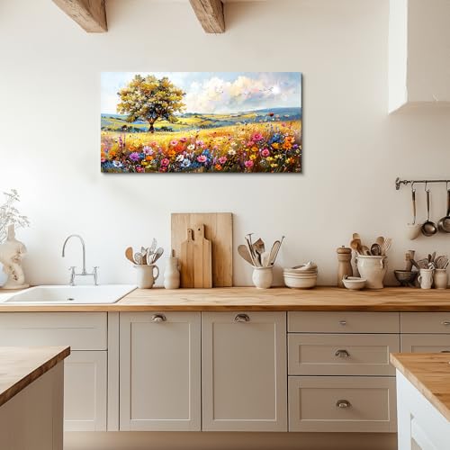 SERIMINO Nature Landscape Wall Art, Rustic Meadow Wildflower Tree Artwork for Walls, Cottagecore Aesthetic Pictures Large Canvas Art Wall Decor Living Room Bedroom Dining Room Prints 24X48 Inch