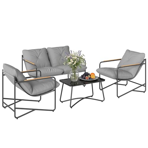 Outsunny Salon de Jardin 4 Pièces - Ensemble avec Canapé 2 Places, 2 Fauteuils et Table Basse Verre Trempé - Mobilier de Terrasse Moderne avec Coussins...