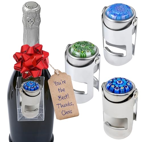 Millefiori Glass Champagne Stopper – With an Airtight Seal Protects Sparkling Wine, Prosecco, and Cava CO2 & Taste – Hanging Box for Champagne Gifts by Evan James Designs, Blue