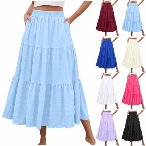 Pleated Maxi Skirts for Women Flowy Layered Tiered Boho Skirts Fashion Casual Beach Vacation Clothes with Pockets