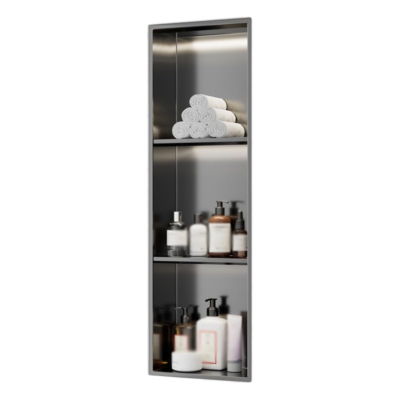 FKTHYO Stainless Steel Recessed Shower Niche Organizer Caddy with Light Waterproof and No Tile Needed Wall Mounted Storage