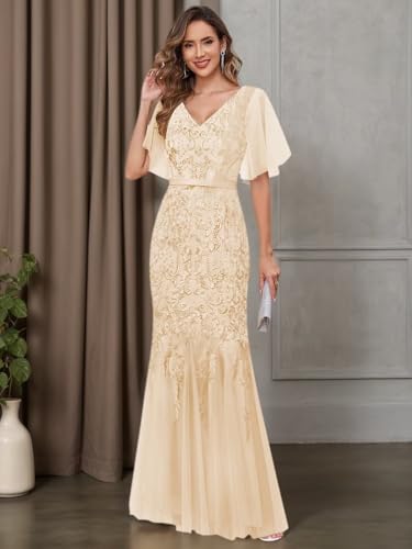 HYY Mermaid Mother of The Bride Dresses for Women Tulle Lace Floral Long V Neck Formal Wedding Gowns4