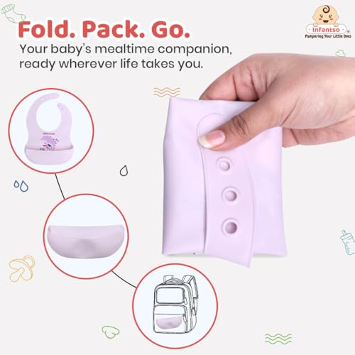 Image of Infantso Silicone Ultra Light Baby Bib for Feeding & Weaning Babies & Toddlers with Food Cather Pocket, Waterproof, Washable, Reusable, Non Messy Easy Cleaning, No Odour, Adjustable Button Neckline
